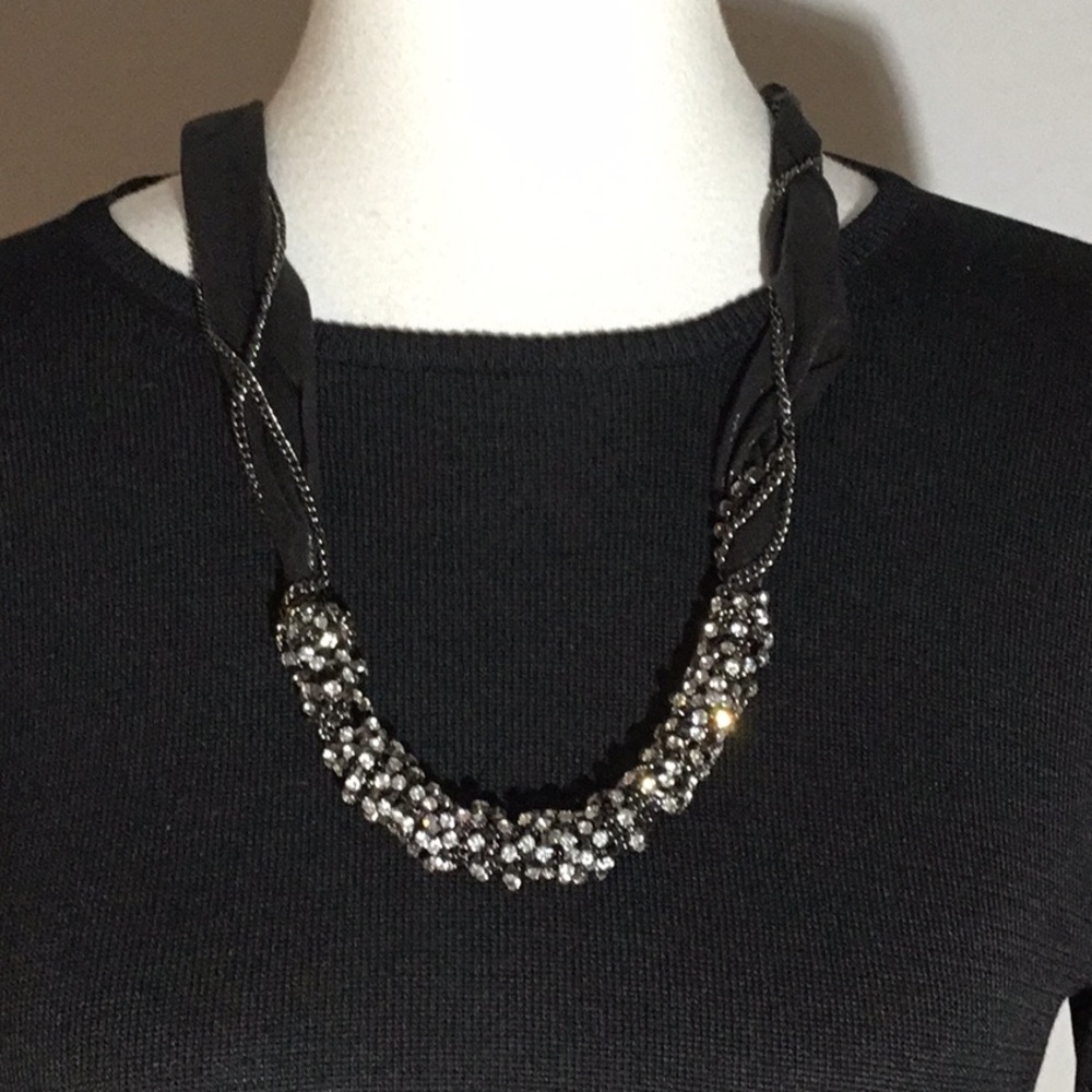 Statement Necklace w/rhinestones, chains & satin ribbon, ties to adjusts length